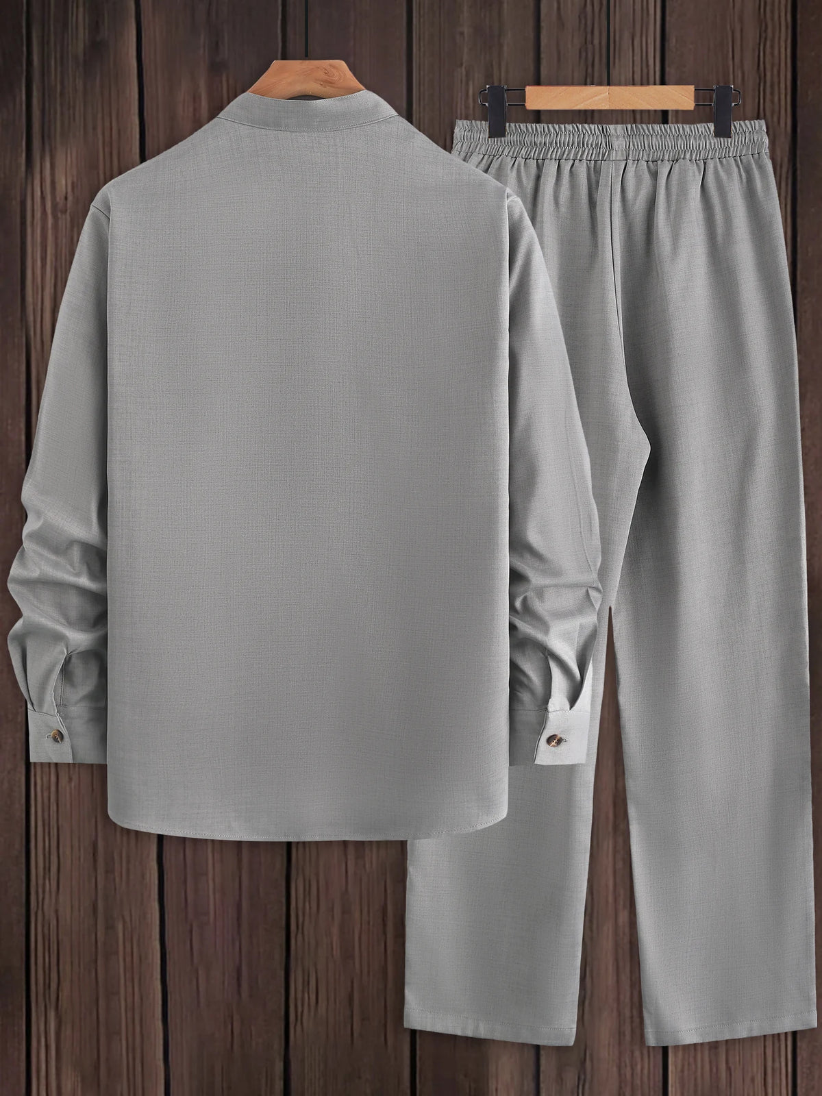 Men Matching Set "Textured Outfits, Light Gray Stand Collar Shirt & Drawstring Pants Set"