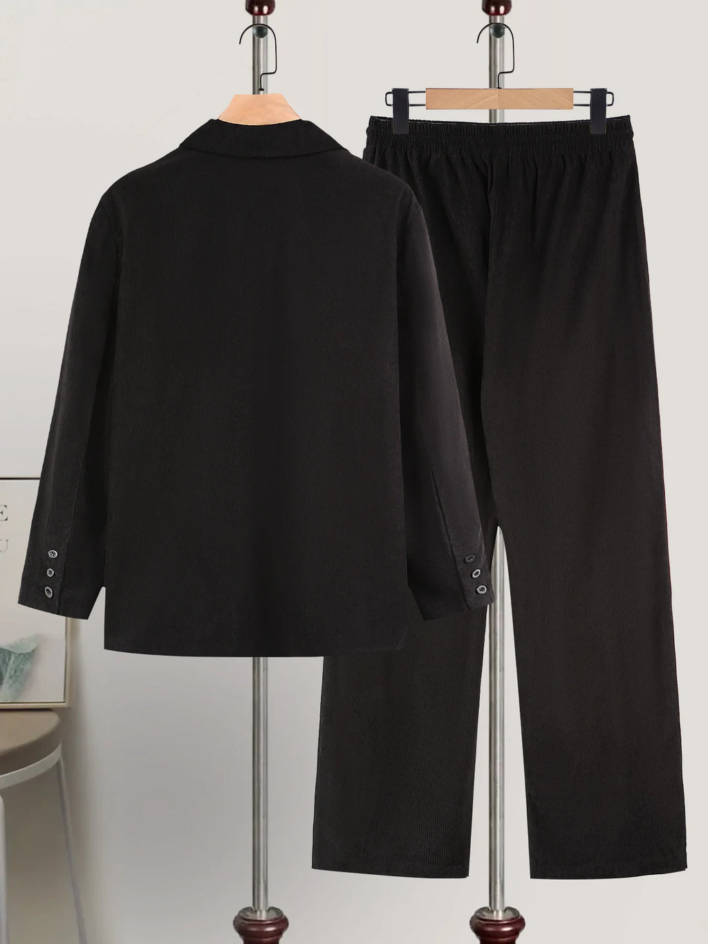 Men Matching Set "Textured Blazer Outfits, Black Lapel Jacket & Drawstring Pants Set"
