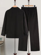 Men Matching Set "Textured Blazer Outfits, Black Lapel Jacket & Drawstring Pants Set"