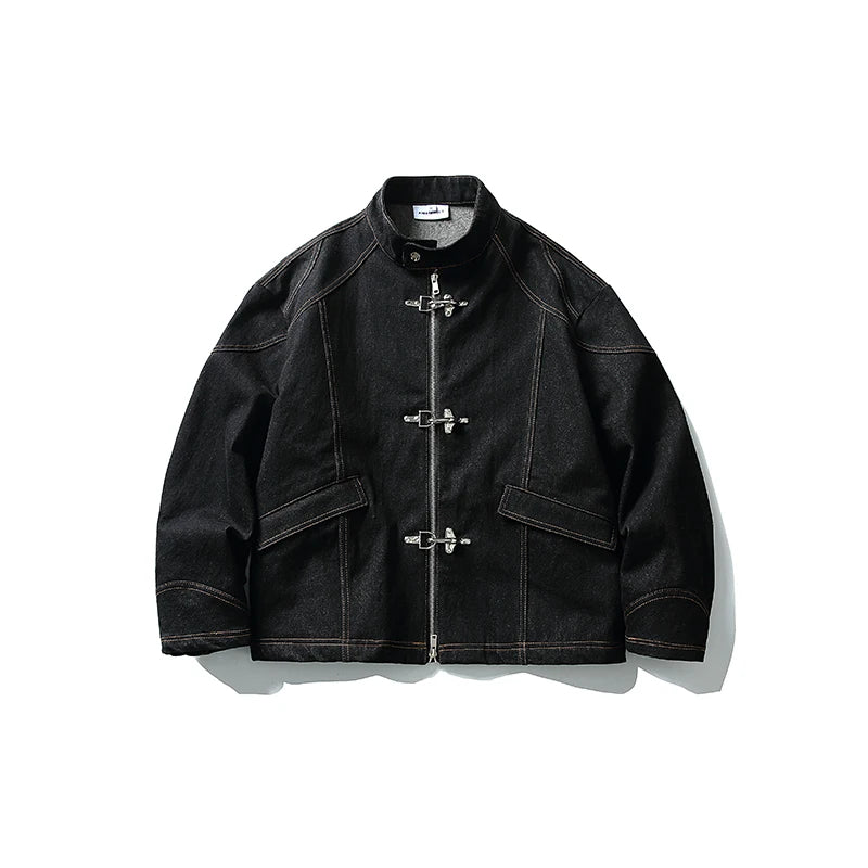 Men Denim Top"American Vintage Denim Jacket Men Stand Collar Cotton"