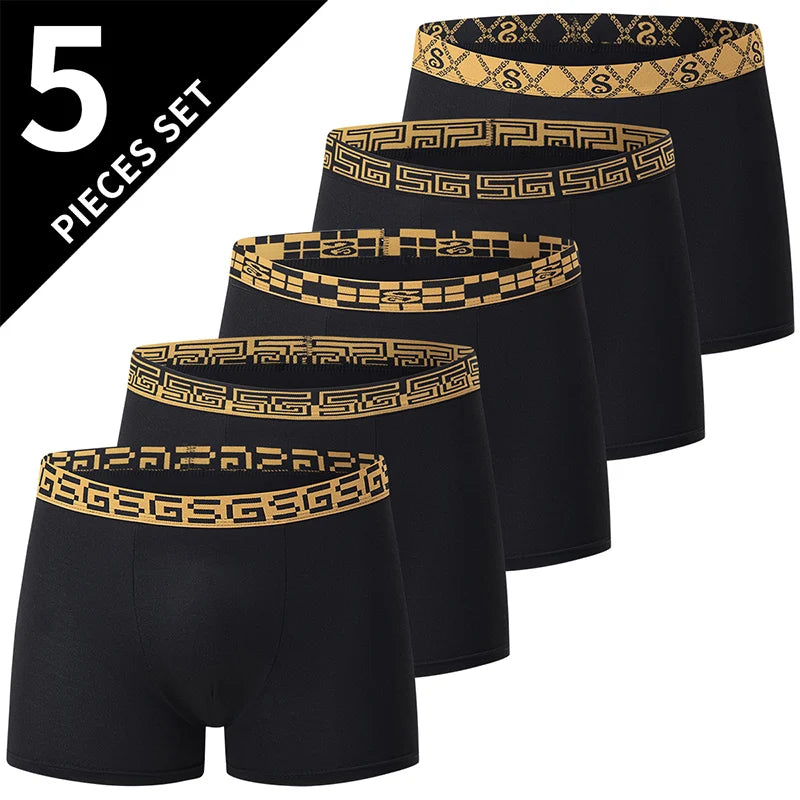 Men’s Classic Boxer Briefs – Gold Patterned Waistband / 5pcs