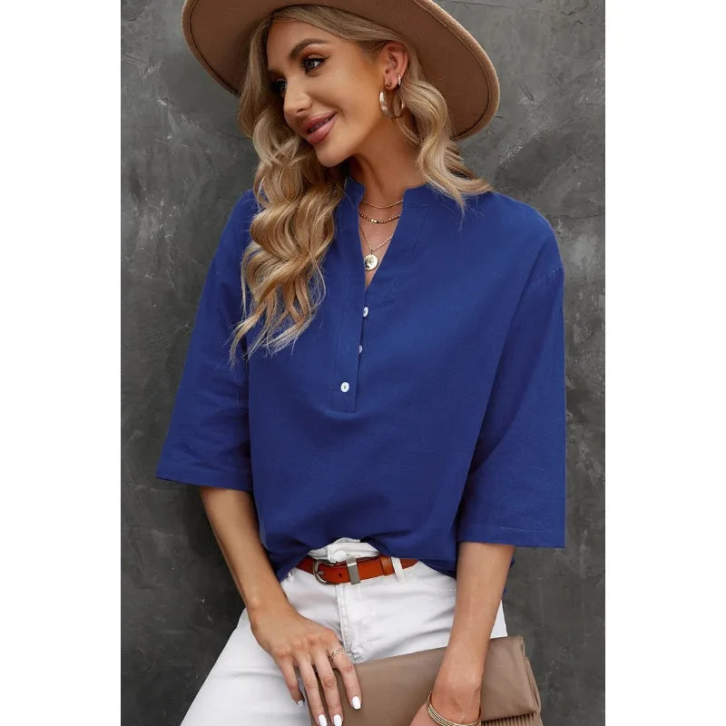 Women Blouse & Shirt "Casual Blouse Stand Collar Half Button Three Quarter"