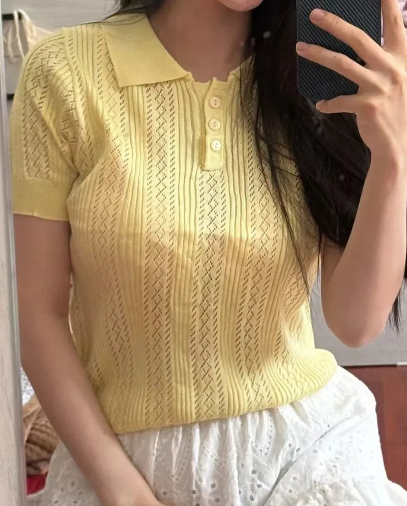 Women T-Shirt & Polo "Summer Women's Thin Knit Polo Shirt Hollow-Out Short Sleeve Top Knitted"