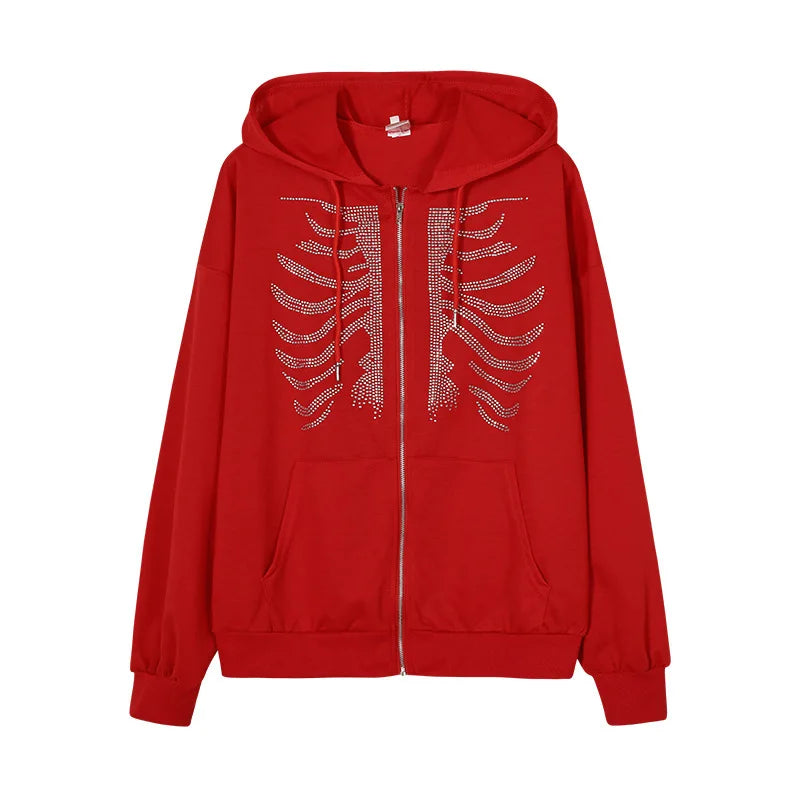Women Sweaters & Hoodies "Y2K Rhinestone Skeleton Hoodies Women Gothic Black Zip Up"