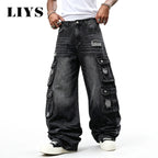 Men Cargo Pants "LIYS Men Retro Black Wash Multi Pocket Cargo Jeans Ripped Baggy"