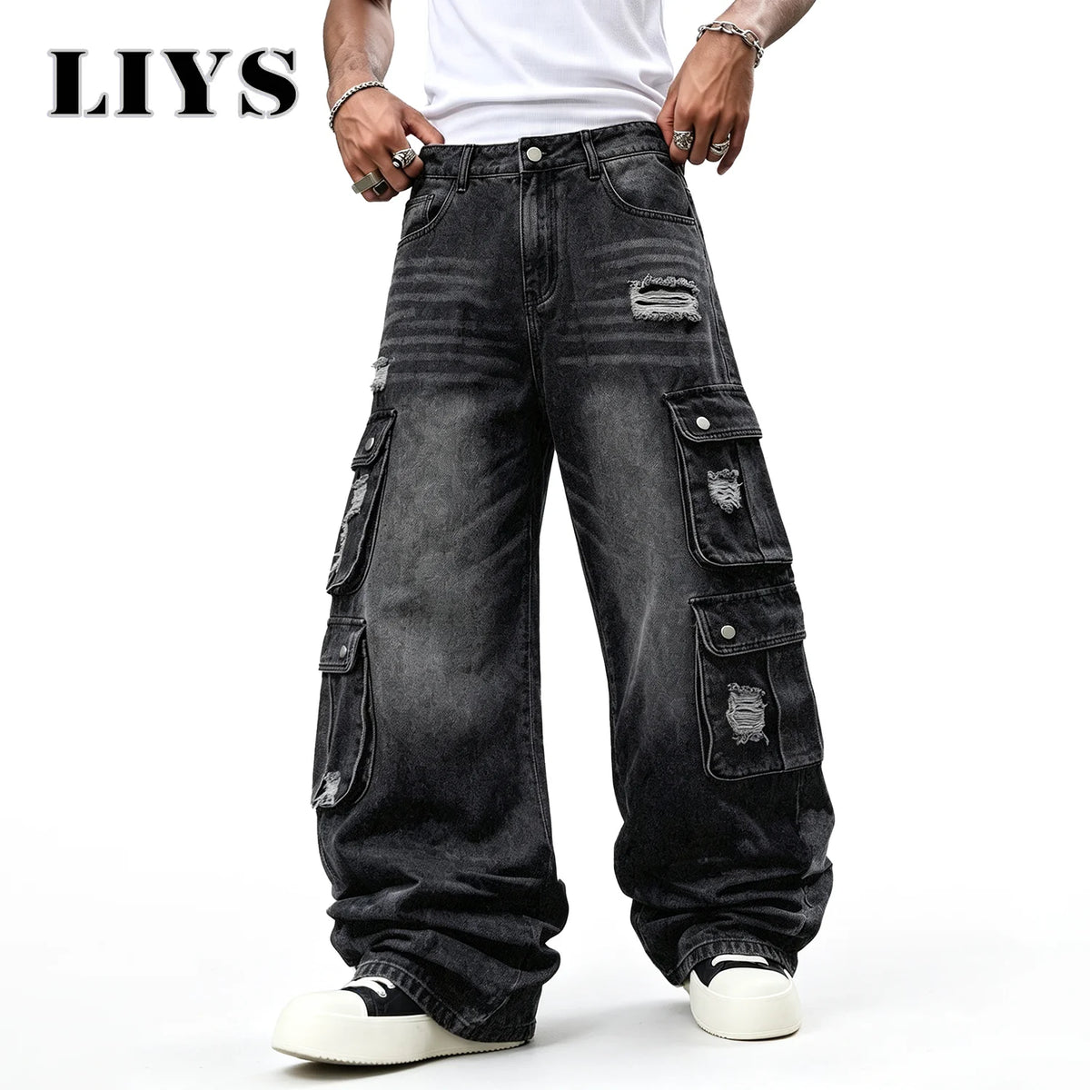 Men Cargo Pants "LIYS Men Retro Black Wash Multi Pocket Cargo Jeans Ripped Baggy"