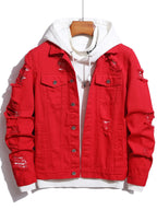 Men Denim Top"Red Large Ripped Frayed Denim Jacket"