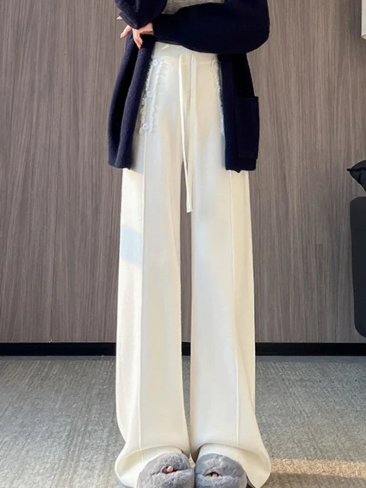 Women Trouser "Fall Winter Thick Draping High Waist Straight Cashmere Floor Length Trousers"
