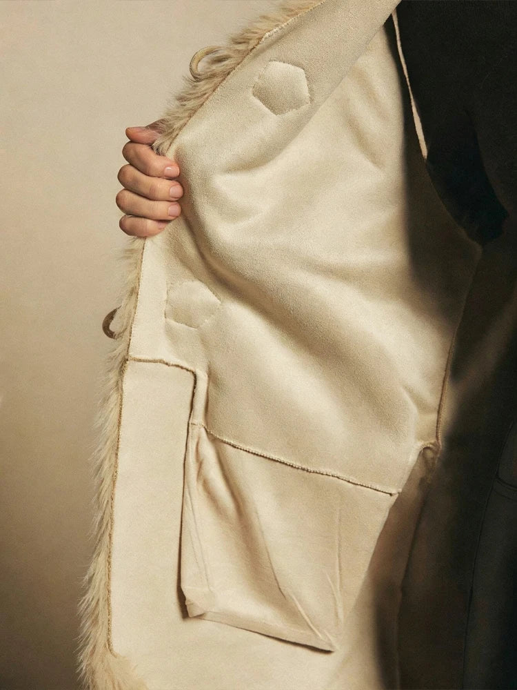Women Coat & Jacket "HH Women Vintage Beige Faux Fur Vest V‑Neck Horn Button Sleeveless Plush Waistcoat"