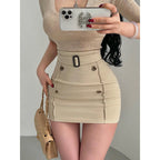 Women Skirt "Sexy High Waist Short Skirt with Button Decoration Belted Hanging Neck Bodycon Half-length"