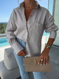 Women Blouse & Shirt "Women's Shirt Long Sleeve Striped Pocket Button Blue Casual Loose Top Street Office Pink Blouses"