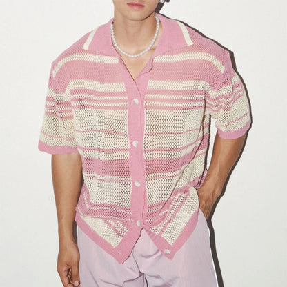2025 Summer Casual Mens Knit Shirts Short Sleeve Buttoned Turn-down Collar Cardigan Tops Men Seaside Beach Vintage Knitted Shirt