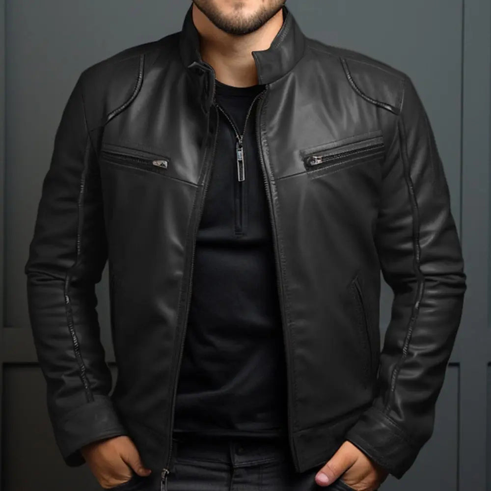 Men Leather Jacket "Asian Size Men's Motorcycle Leather Jacket Stand Collar Punk Biker Jacket"