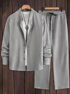 Men Matching Set "Textured Outfits, Light Gray Stand Collar Shirt & Drawstring Pants Set"