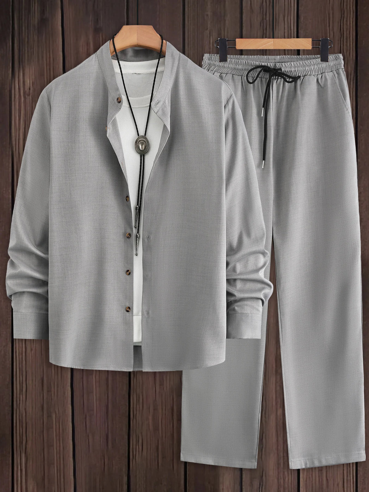 Men Matching Set "Textured Outfits, Light Gray Stand Collar Shirt & Drawstring Pants Set"