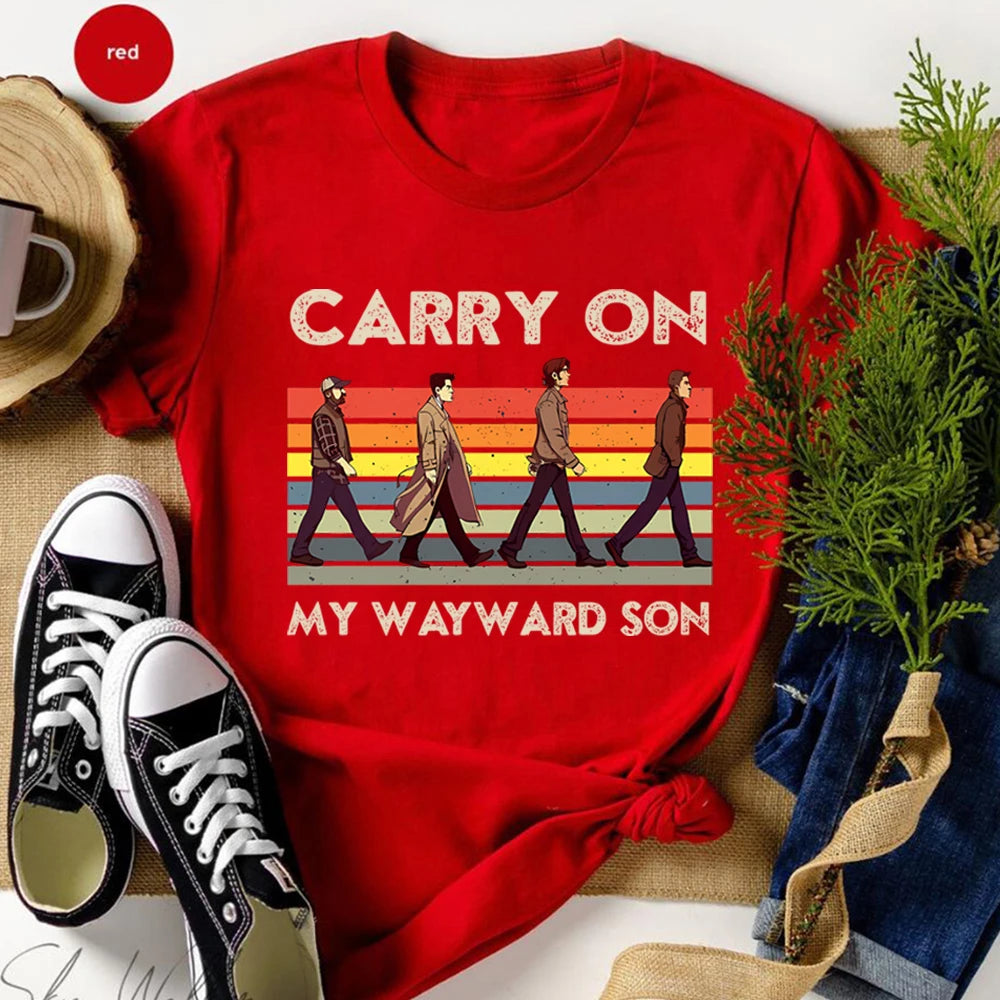 Supernatural Carry on My Wayward Son Vintage T-Shirt Sam and Dean Winchester Brothrs Shirt Trendy Abbey Road Winchester 2025 Top