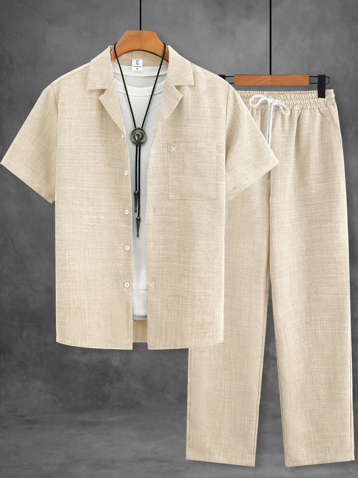 Men Matching Set "Minimalist Pocket Embroidery Set, Textured Short Sleeve Shirt & Pants"