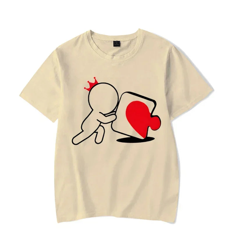 CartoongirlboyheartshapedpuzzleprintcoupleTshirt shortsleeved loose king queenTshirt fashionable trendcouplehirt women's T-shirt