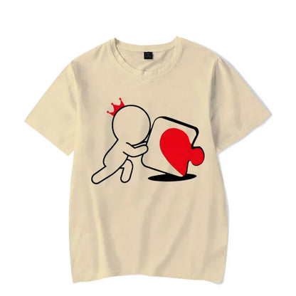 CartoongirlboyheartshapedpuzzleprintcoupleTshirt shortsleeved loose king queenTshirt fashionable trendcouplehirt women's T-shirt
