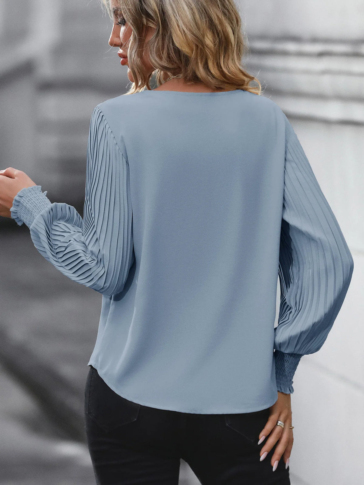 Women Blouse & Shirt "Splicing Elegant Long-sleeved Office Top Solid Color V-neck Pleated Blouses"