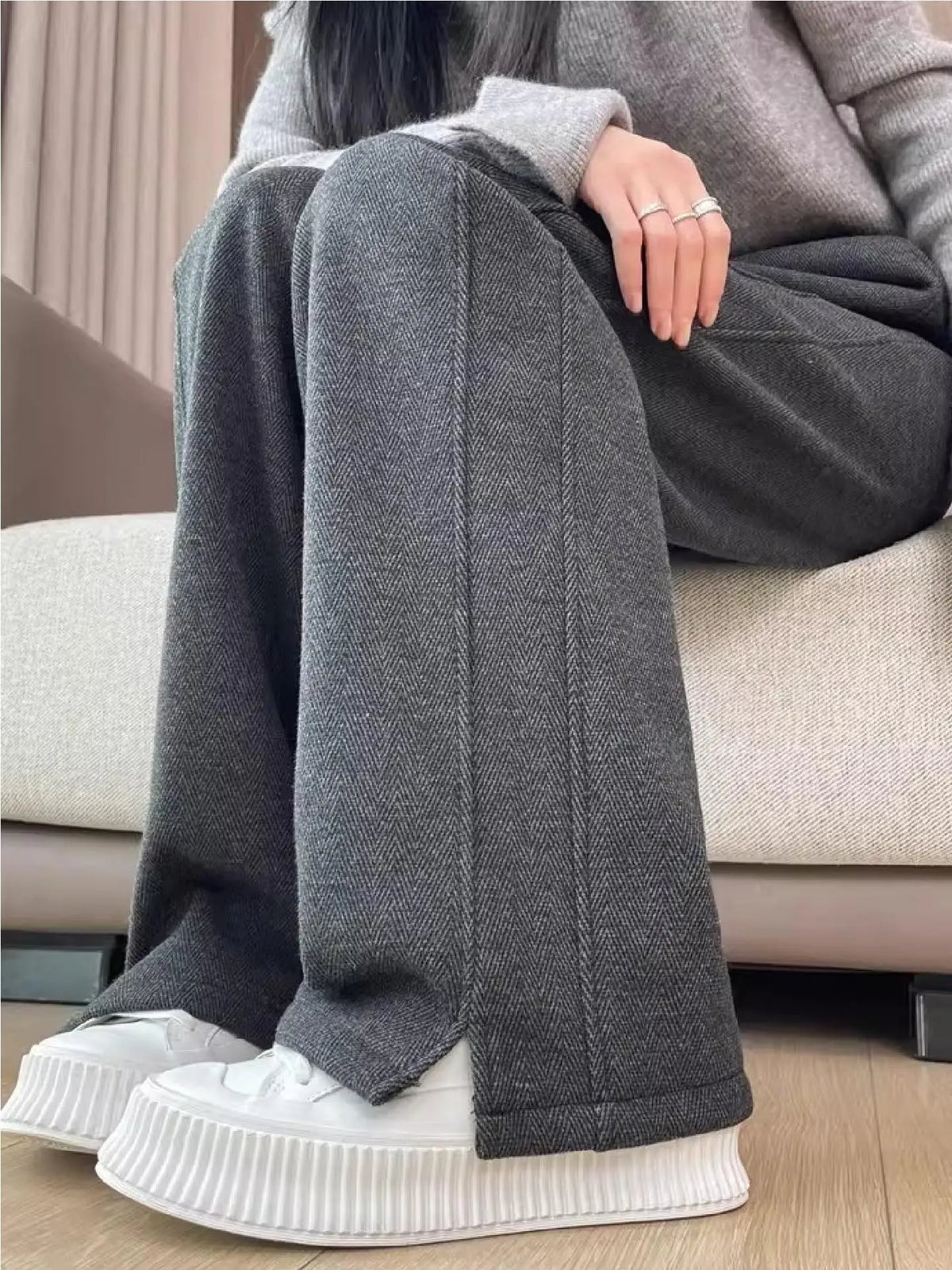 Women Trouser "Thickened Woolen Straight Leg Pants Women's High Waist Wide Leg Narrow Version Winter Autumn Fleece Lined Trousers Casual Pants"