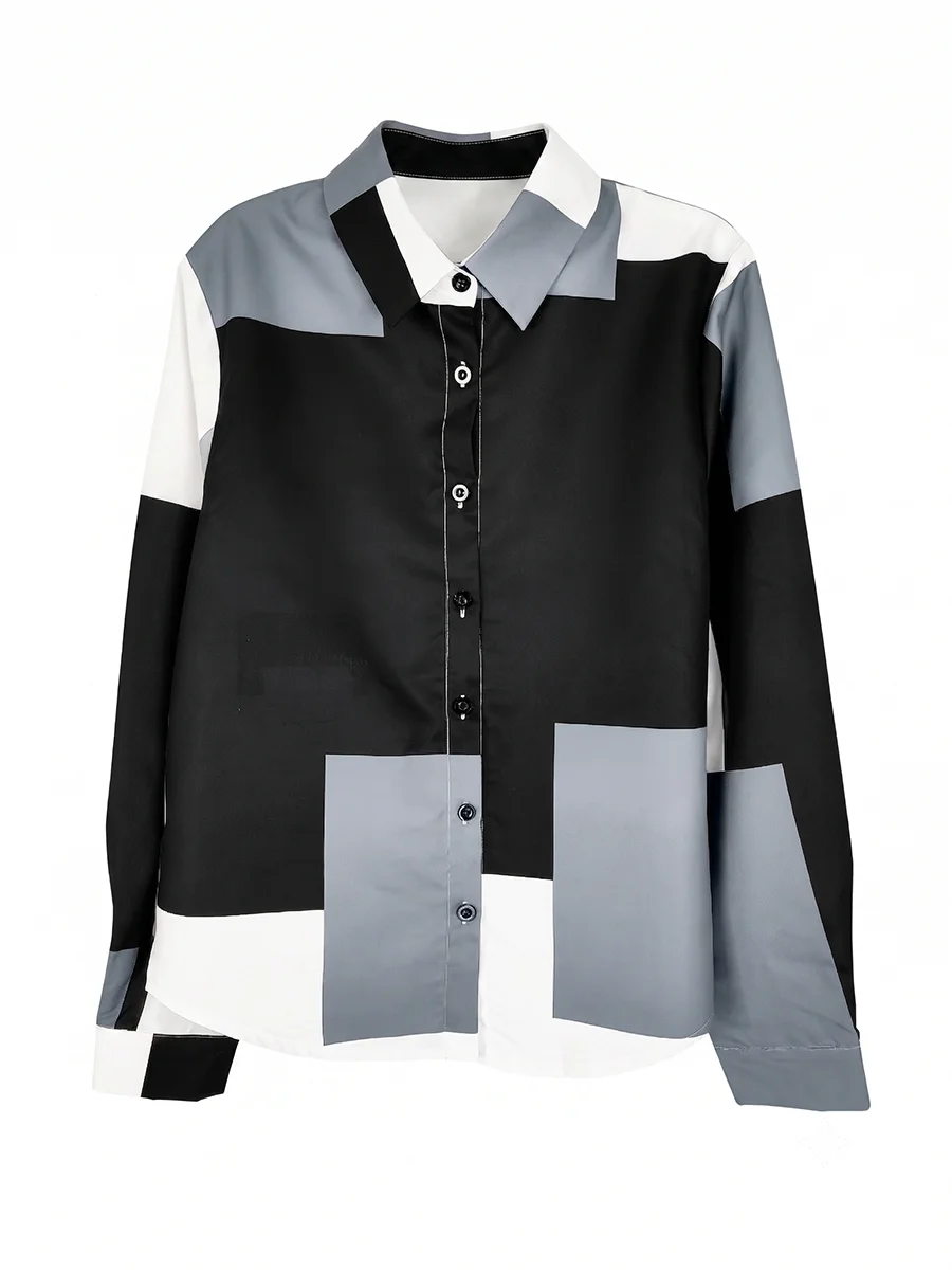 Women Blouse Shirt "Block Patchwork Shirt Long Sleeve Button Up Blouses Casual Loose Office Lady Turn-down"