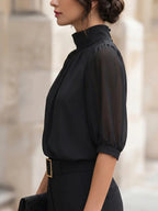 Women Blouse & Shirt "Mock Neck Gathered Front Puff Elbow Sleeve Chiffon Blouse"