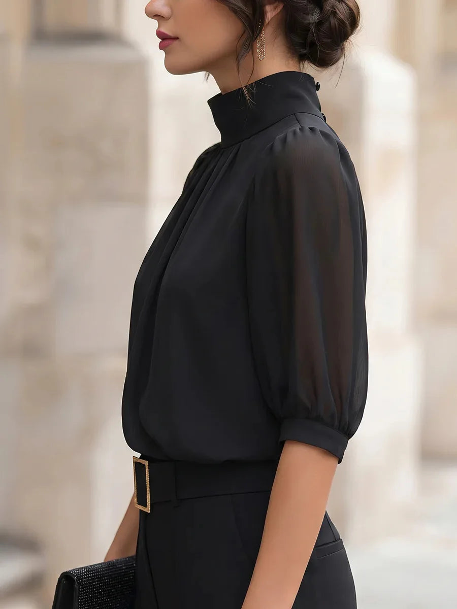 Women Blouse & Shirt "Mock Neck Gathered Front Puff Elbow Sleeve Chiffon Blouse"