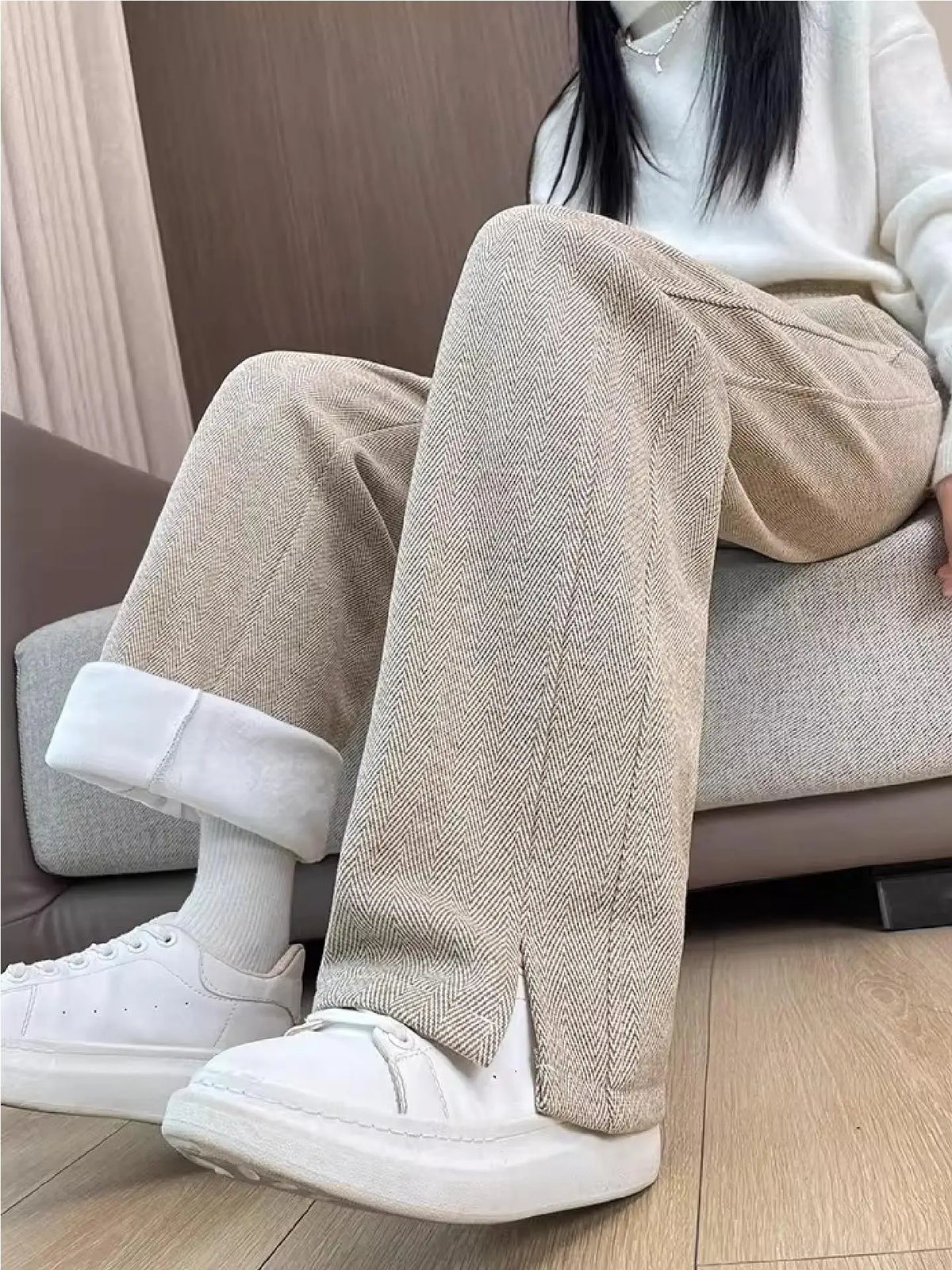 Women Trouser "Thickened Woolen Straight Leg Pants Women's High Waist Wide Leg Narrow Version Winter Autumn Fleece Lined Trousers Casual Pants"