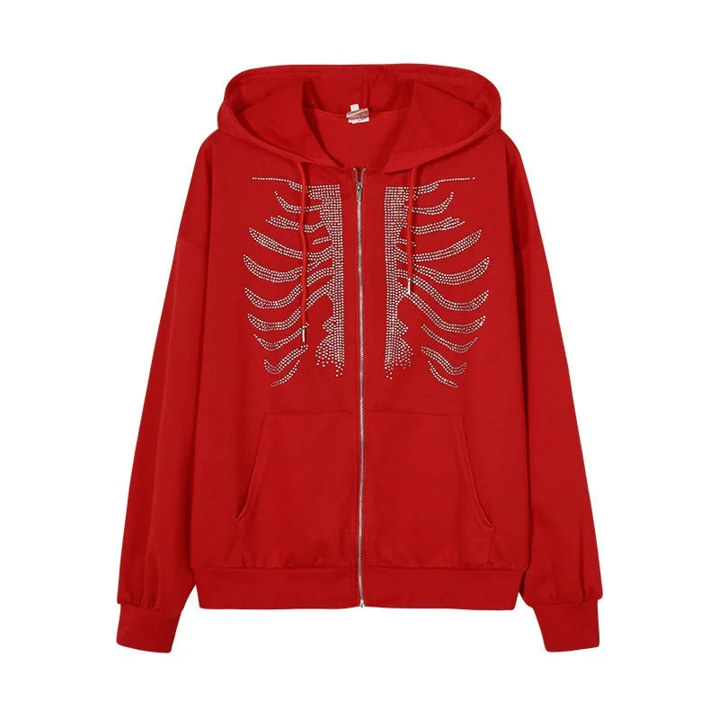Women Sweaters & Hoodies "Y2K Rhinestone Skeleton Hoodies Women Gothic Black Zip Up"