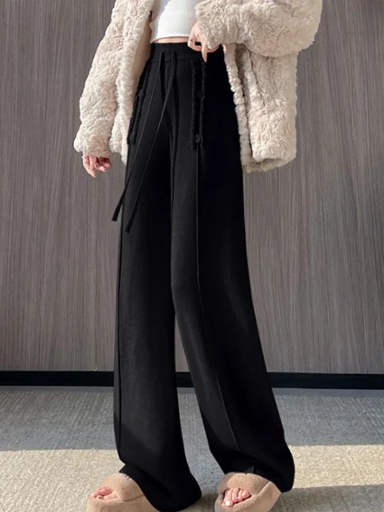 Women Trouser "Fall Winter Thick Draping High Waist Straight Cashmere Floor Length Trousers"