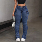 Women's High Waisted Elastic Casual Leg Stack Jeans Sexy Hip Lifting Street Style Multi Pocket Workwear Jeans