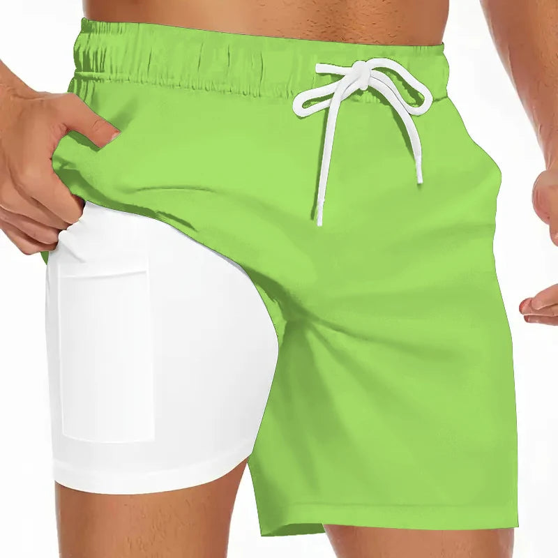 Mens Swim Trunks with Compression Liner Phone Pocket Summer Quick Dry Board Shorts