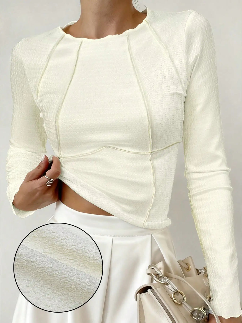 Women T-Shirts & Polo "Long Sleeve Ribbed Knit T-Shirt 2026 Autumn Slim Fit Cropped Top Wavy"