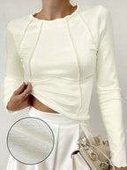 Women T-Shirts & Polo "Long Sleeve Ribbed Knit T-Shirt 2026 Autumn Slim Fit Cropped Top Wavy"