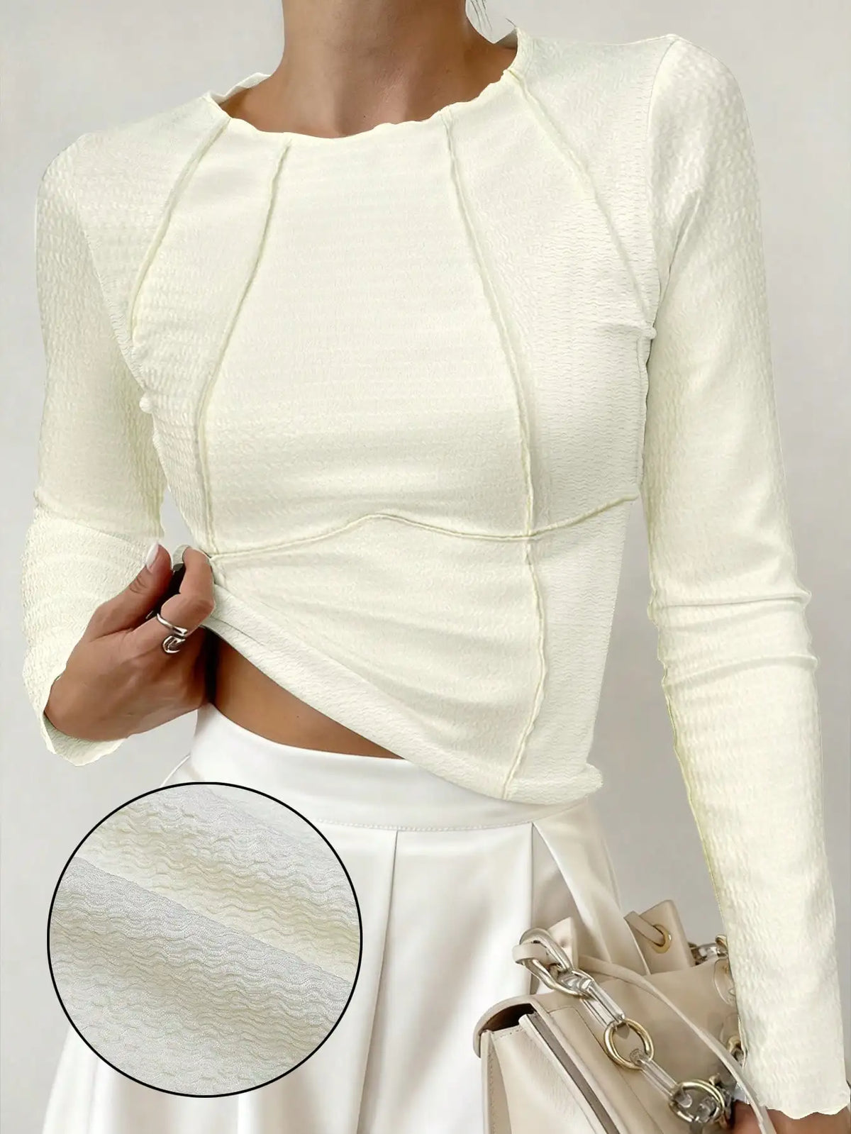 Women T-Shirts & Polo "Long Sleeve Ribbed Knit T-Shirt 2026 Autumn Slim Fit Cropped Top Wavy"