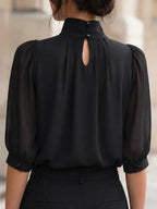 Women Blouse & Shirt "Mock Neck Gathered Front Puff Elbow Sleeve Chiffon Blouse"
