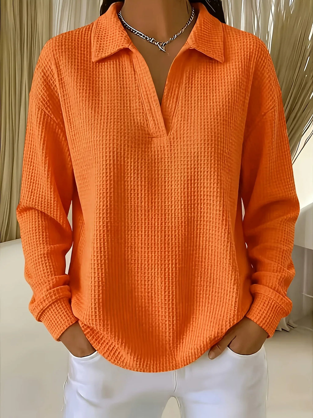 Women T-Shirt & Polo "Waffle Knit Polo Shirt Long Sleeve Stretch Solid Color Casual Ladies Blouse"