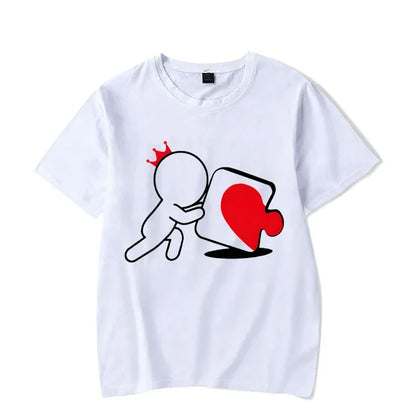 CartoongirlboyheartshapedpuzzleprintcoupleTshirt shortsleeved loose king queenTshirt fashionable trendcouplehirt women's T-shirt