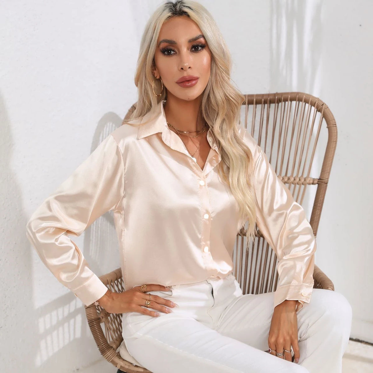 Women Blouse & Shirt "Autumn Casual Women's Blouses Elegant Satin Multicolor Basic Slim Shirt"