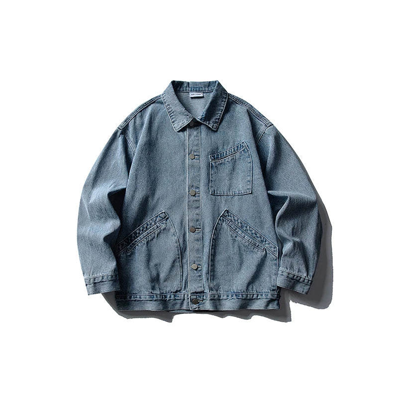 Men Denim Top"Vintage Heavyweight Denim Jacket Washed Distressed Style Lapel Collar Classic"