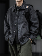 Men Denim Top"Vintage Heavyweight Denim Jacket Washed Distressed Style Lapel Collar Classic"