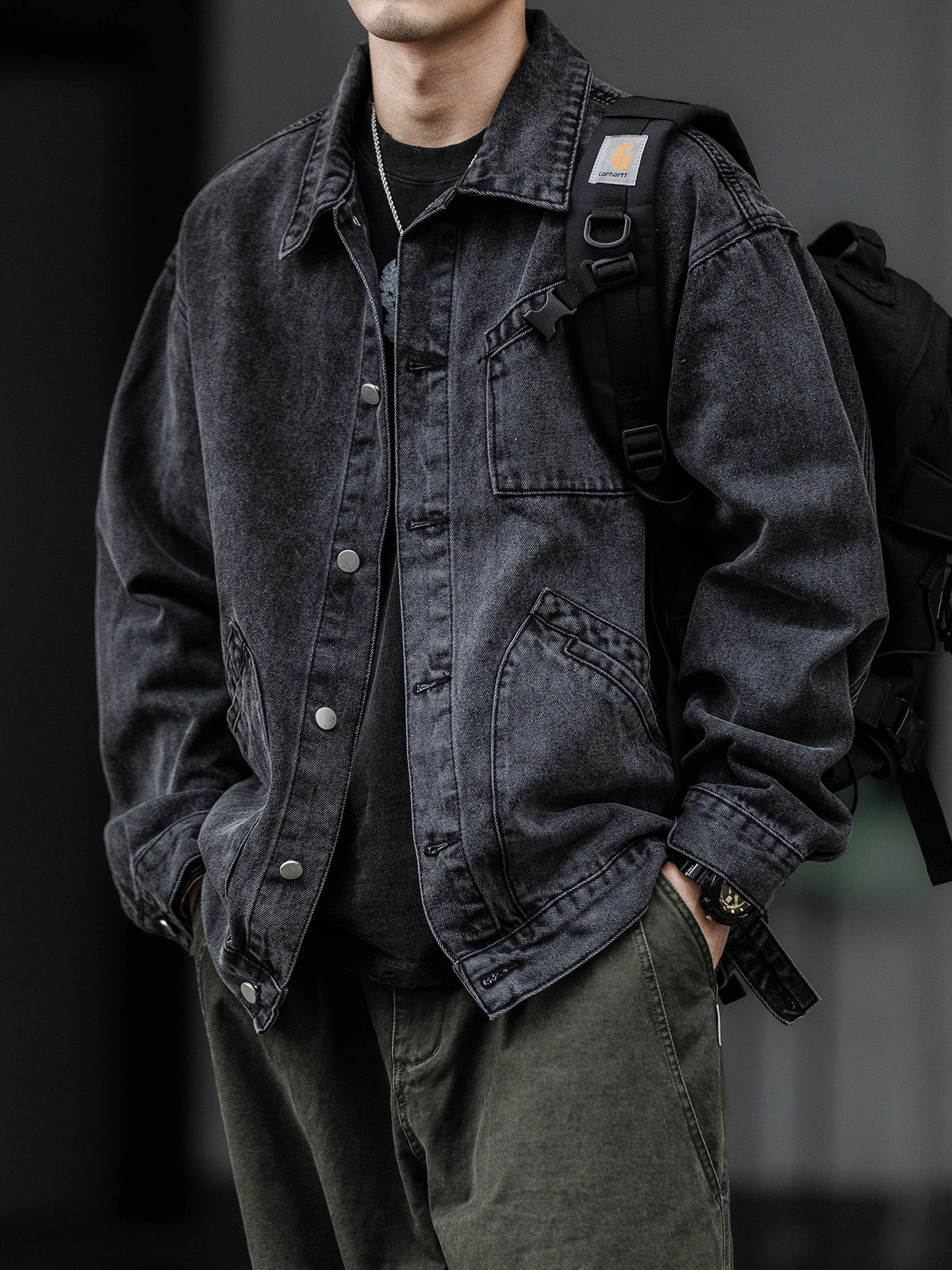 Men Denim Top"Vintage Heavyweight Denim Jacket Washed Distressed Style Lapel Collar Classic"