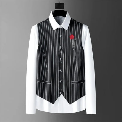Men's shirt fake two-piece British style shirt slim fit business casual long-sleeved shirt social gathering uniform fashion 2024