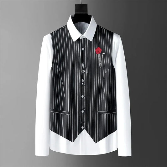 Men's shirt fake two-piece British style shirt slim fit business casual long-sleeved shirt social gathering uniform fashion 2024