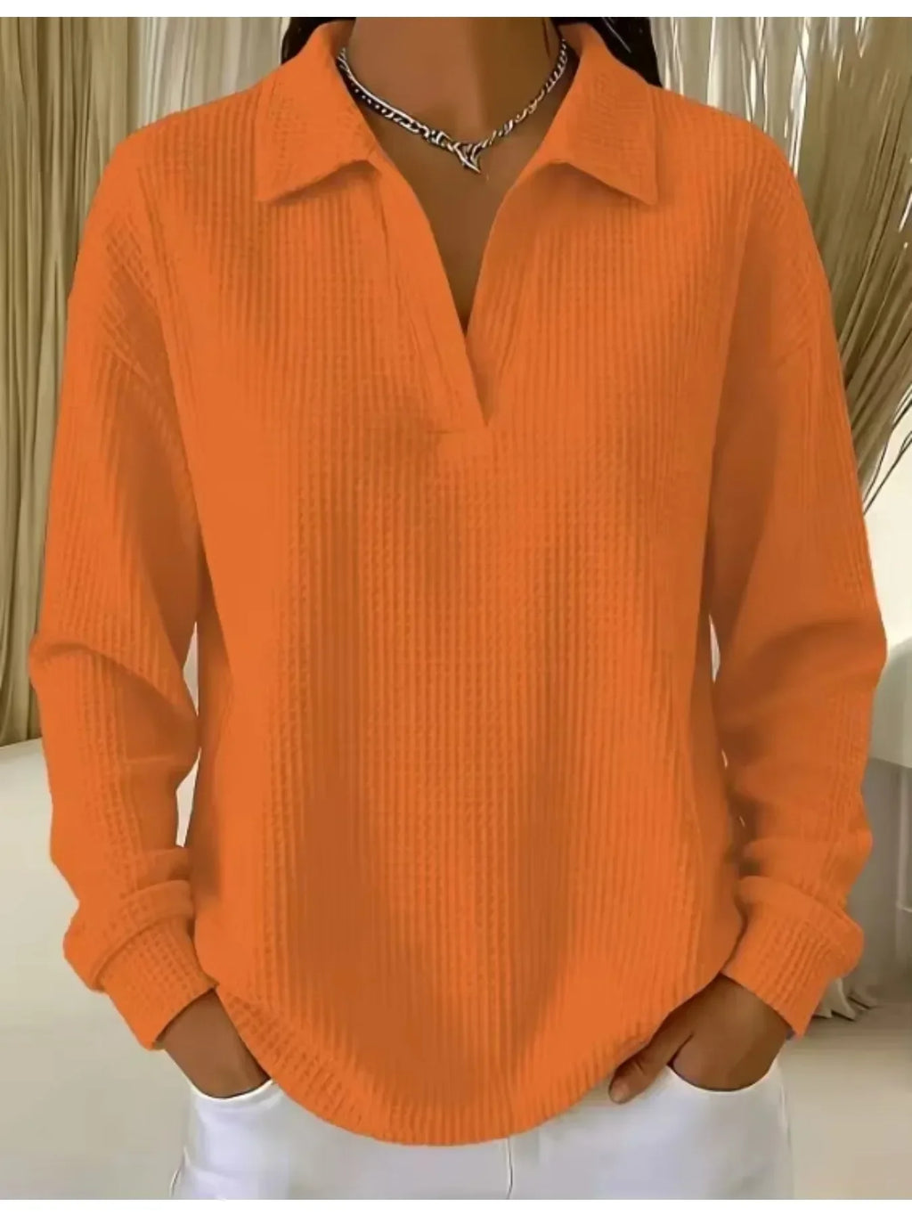 Women T-Shirt & Polo "Waffle Knit Polo Shirt Long Sleeve Stretch Solid Color Casual Ladies Blouse"
