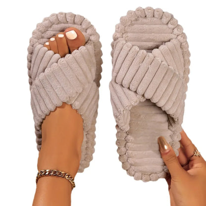 Shoes for Women Fashion Corduroy Cross Home Slippers Women Winter Warm Plush Slides Indoor Bedroom Soft Sole Cotton Slippers