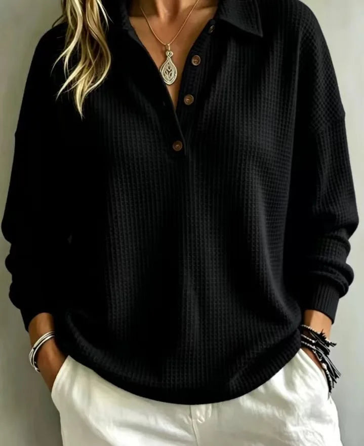 Women T-Shirt & Polo "Waffle Knit Polo Shirt Collar Half Button Long Sleeve Blouse"