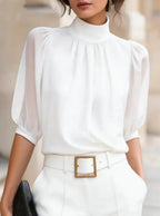 Women Blouse & Shirt "Mock Neck Gathered Front Puff Elbow Sleeve Chiffon Blouse"