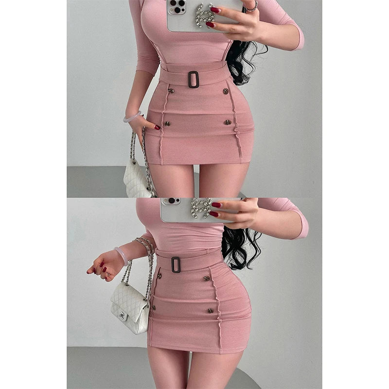 Women Skirt "Sexy High Waist Short Skirt with Button Decoration Belted Hanging Neck Bodycon Half-length"